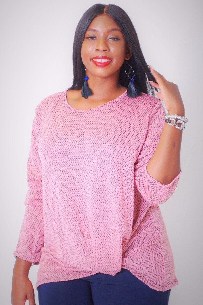 Stretchy Two Tone Knit, Diamond Pattern Long Sleeves Top