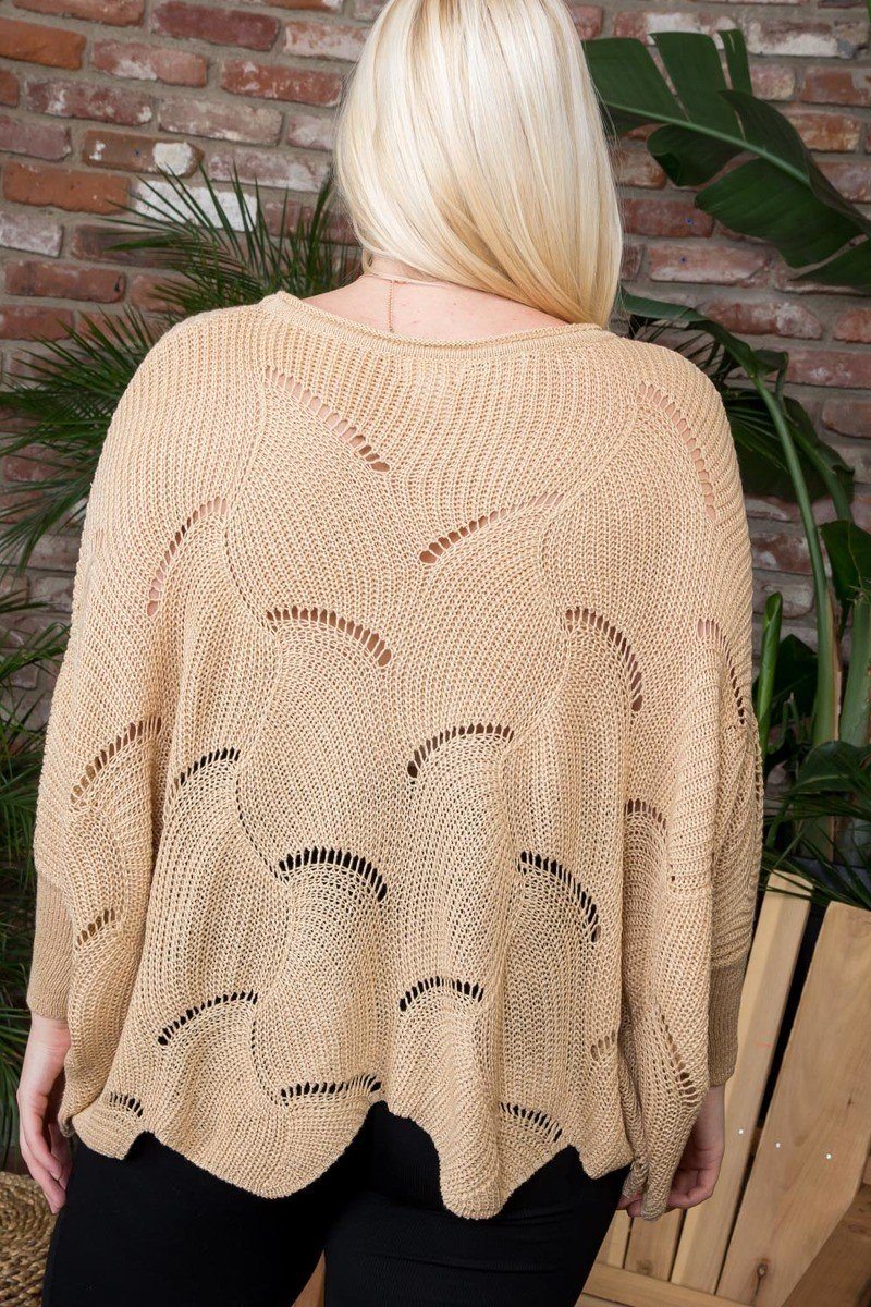 Plus Size Round Neck Long Batwing Sleeve Scalloped Edge Sweater