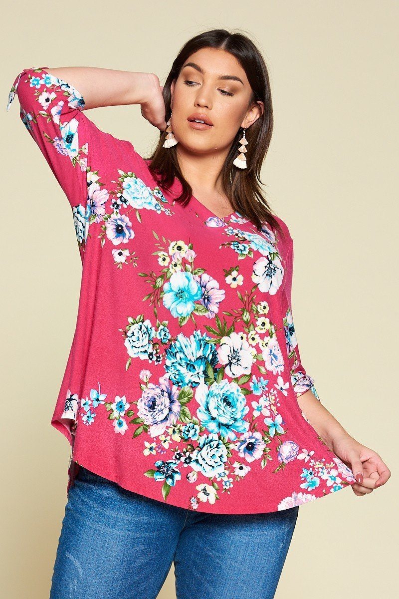 Plus Size Spring Floral Printed High Low, V Neck Fashion Swing Top