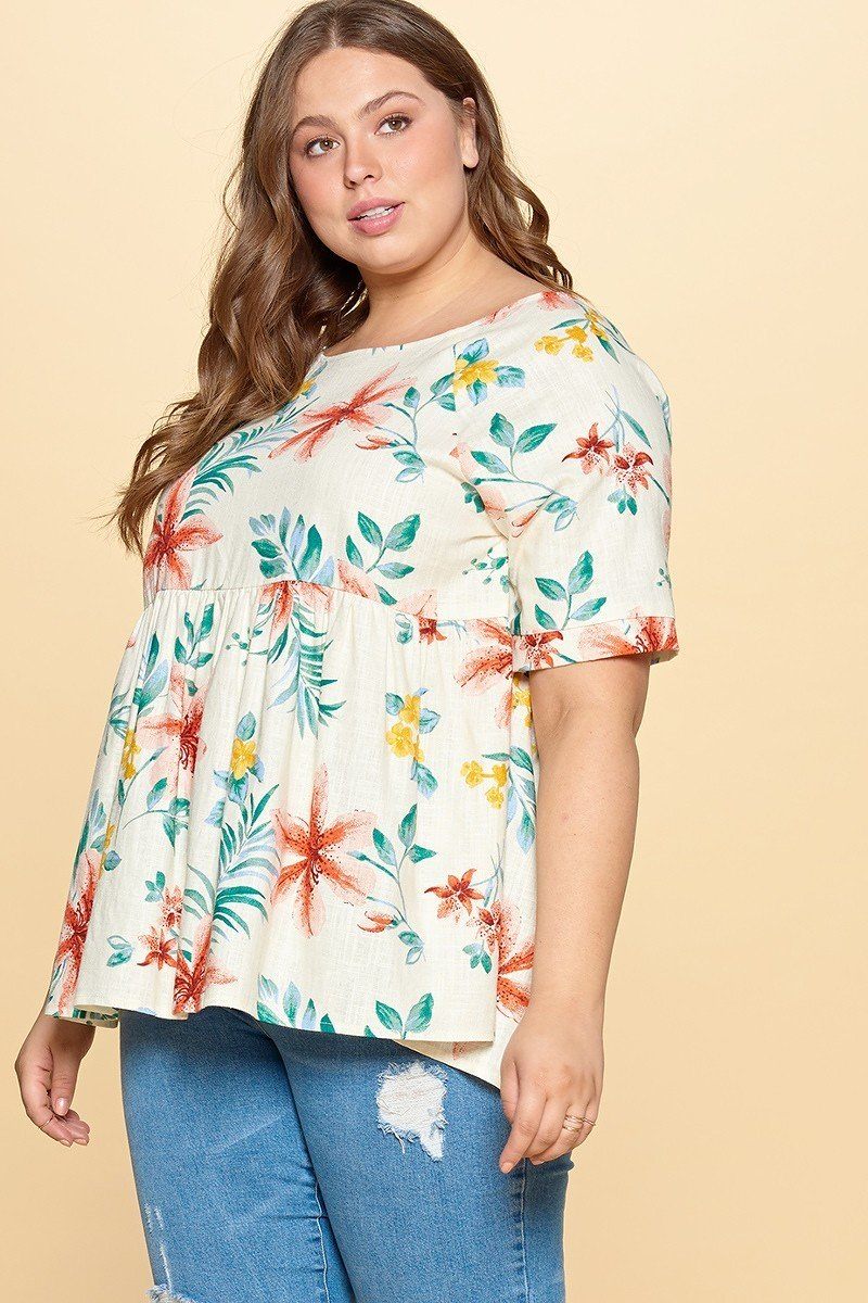 Floral Printed Linen Babydoll Blouse