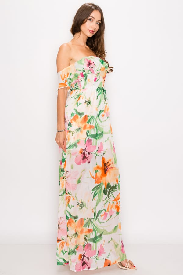 richard quinn floral print off the shoulder dress Richard Quinn Reveals Endlessly Opulent Eveningwear for Spring 2024