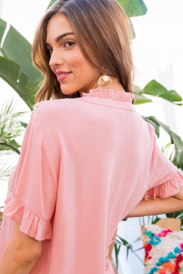 Ruffle Mock Notched Neck Short Sleeve Solid Top