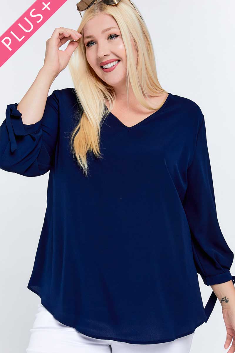 Solid V-neck 3/4 Sleeve Tie Accent Blouse Top