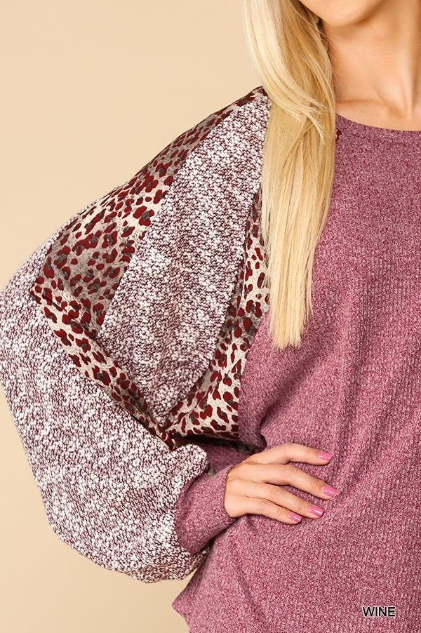 Textured Knit And Animal Print Mixed Dolman Sleeve Top
